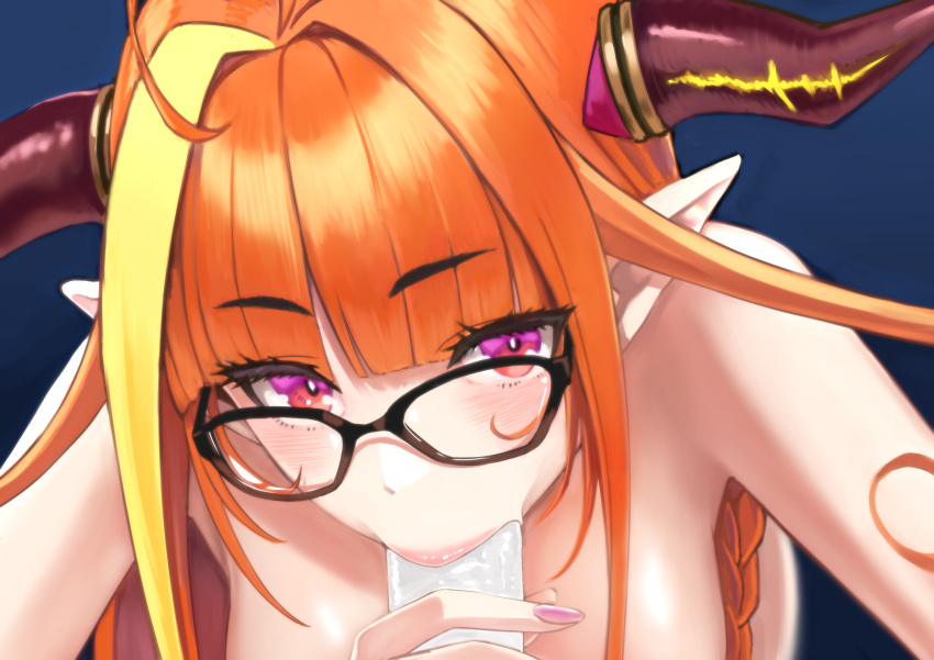 blowjob blowjob_face dragon_girl fellatio female_focus glasses highres holoforce hololive hololive_japan horns kiryu_coco looking_at_viewer oral pov virtual_youtuber zabudog777