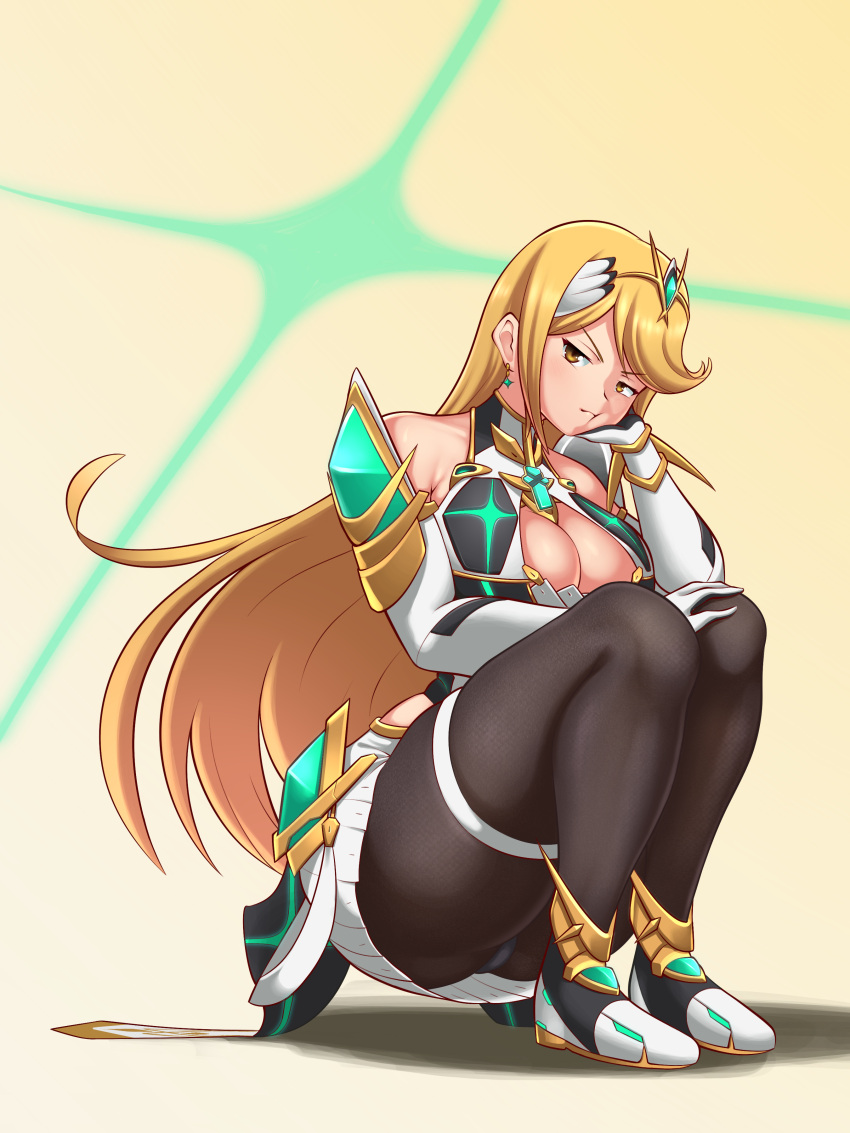 1girls :t armwear ass bare_shoulders big_ass big_breasts big_butt blonde_hair breasts butt cleavage clothed clothing core_crystal crouching female_only footwear frown full_body hair_ornament hi_res highres leggings long_hair mythra nintendo panties sleepiitreat solo solo_female thick_legs thick_thighs thigh_strap underwear xenoblade_(series) yellow_eyes