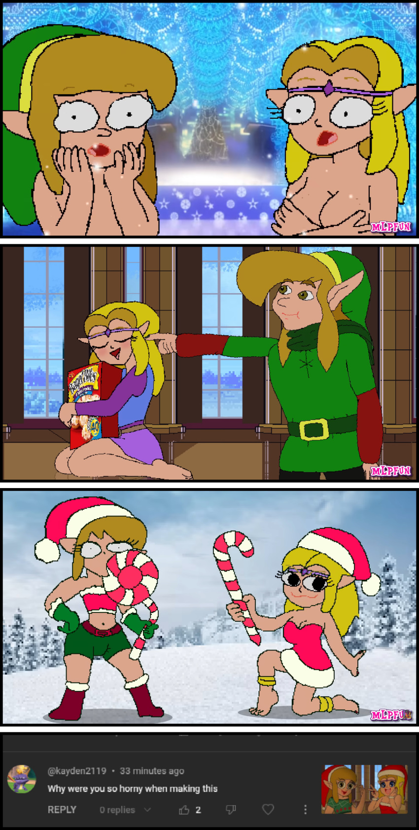 16-bit 1boy 1girls 2d :3 big_breasts blonde_hair blush candy candy_cane cd-i cereal christmas clothing covering_breasts elf_ears freckles gloves green_eyes hand_on_breast hat holding_object jewelry kneeling link lollipop long_hair looking_at_viewer medium_hair mlpfun nintendo nude painted_nails pixel_art princess_zelda ring santa_costume santa_hat scarf shorts smile snow standing surprised the_legend_of_zelda thick_thighs ytp zelda_(cd-i)