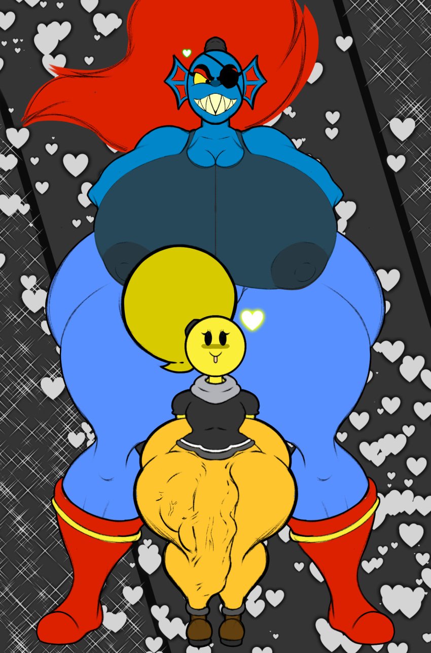 2d artist_request bulge emoji_(race) emoji_boi eseemotico gray_background heart hyper_penis posing semi-transparent_top size_play tagme undertale undertale_(series) undyne young