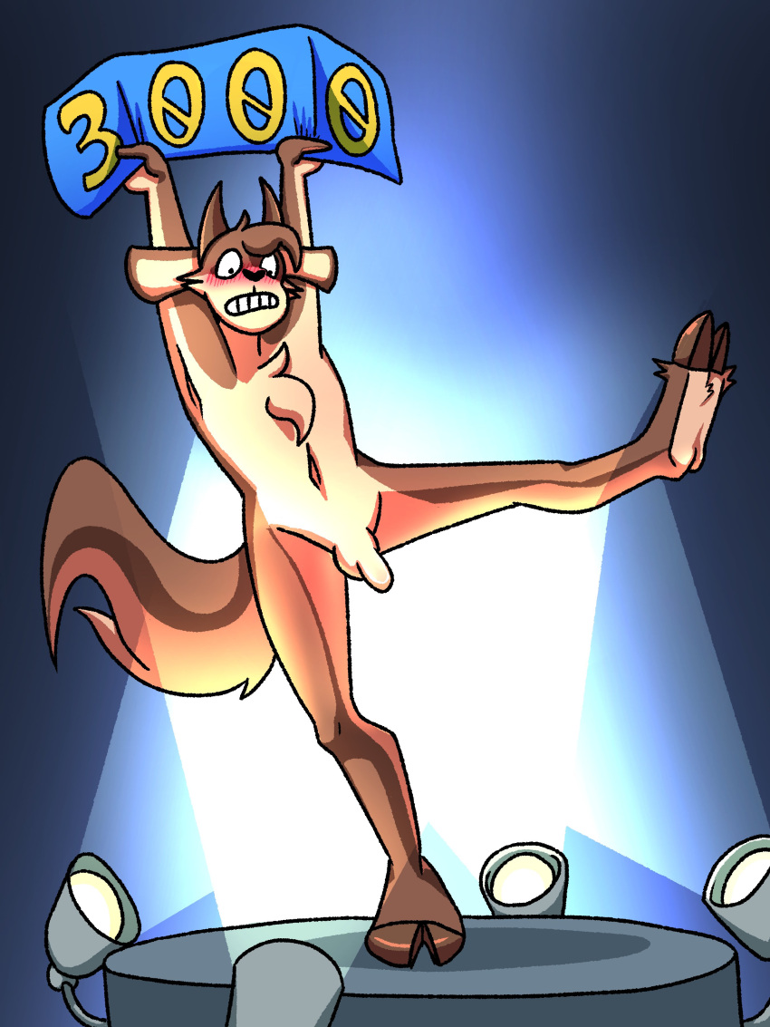 2023 3:4 absurd_res anthro balls blush blush_lines bovid brown_body brown_fur capri_(deerkid) caprine cheek_tuft chest_tuft clenched_teeth deerkid digital_drawing_(artwork) digital_media_(artwork) embarrassed facial_tuft feet flaccid floppy_ears fluffy fluffy_tail foreskin fur genitals goat head_tuft hi_res holding_object holding_sign hooves horn humanoid_genitalia humanoid_penis looking_down male mammal milestone multicolored_body multicolored_fur navel nude number on_one_leg penis plantigrade platform raised_arms raised_leg robablo sign simple_background solo spotlight standing tail teeth tuft two_tone_body two_tone_fur two_tone_tail