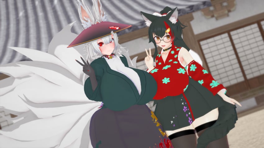 2girls 3d 3d_(artwork) black_choker black_hair black_hakama black_kimono black_skirt black_thighhighs curvaceous curvy curvy_female floral_print forehead_mark fox_ears fox_girl fox_tail fox_tails glasses hakama hakama_skirt hololive hololive_gamers hololive_japan huge_breasts japanese_architecture kimono kitsune koikatsu makeup milf multicolored_hair nijisanji nijisanji_en nina_kosaka ookami_mio outdoors red_eyeliner red_eyes red_eyeshadow red_kimono sun_hat thick_thighs thighhighs virtual_youtuber vtuber white_hair wide_hips wide_sleeves wolf_ears wolf_girl wolf_tail yellow_eyes