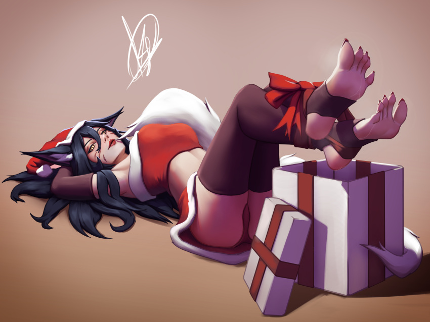 ahri black_hair christmas facial_markings feet foot_fetish foot_focus fox fox_ears fox_girl fox_tail kakifeet league_of_legends sharp_toenails stirrup_legwear tagme vastaya yellow_eyes