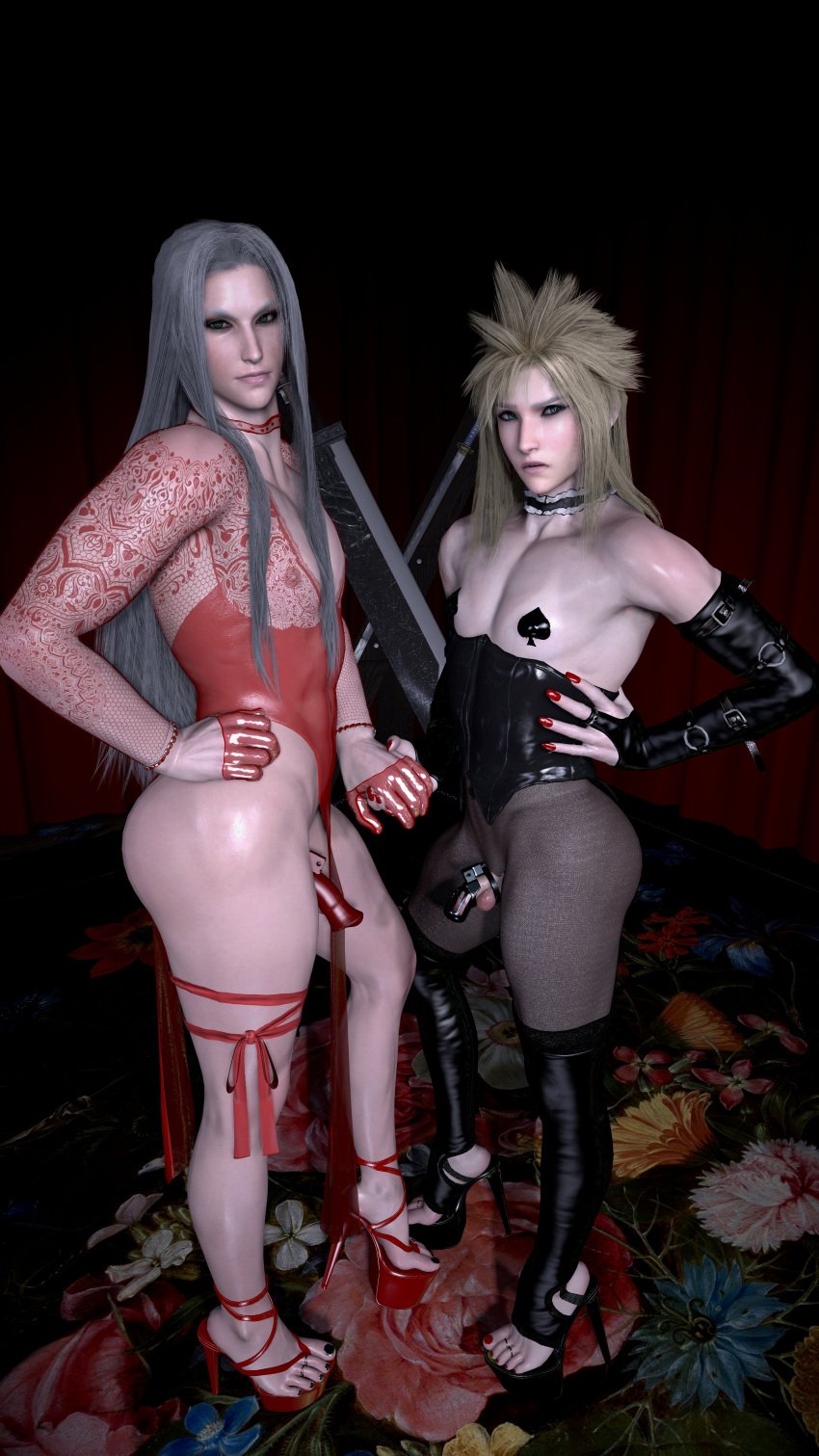 3d chastity_cage choker cloud_strife crossdressing dress femboy final_fantasy final_fantasy_vii final_fantasy_vii_remake gay high_heels holding_hands immoralless latex latex_gloves latex_thighhighs male_only pasties platform_heels red_nails sephiroth sissy spade_pasties toe_ring toenail_polish yaoi