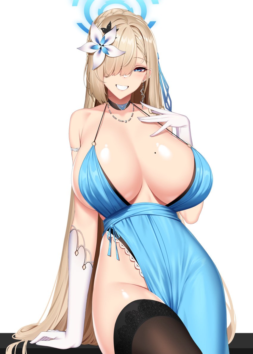 1girls asuna_(blue_archive) beauty_mark blonde_hair blue_archive blue_dress blue_eyes breasts chixiao cleavage dress female flower_hair_ornament hair_over_one_eye halo huge_breasts light-skinned_female light_skin long_hair mole_on_breast no_bra no_panties smile solo thick_thighs thighhighs very_long_hair