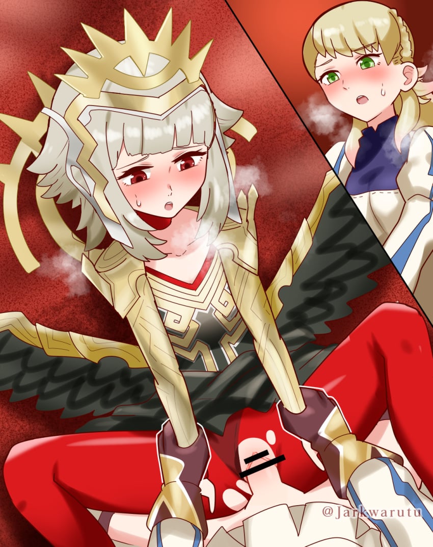 1futa 1girls alternate_costume alternate_hairstyle arm_grab arm_pull_missionary bangs blonde_hair blush breasts censored clothed clothing duo fake_wings female female_focus fire_emblem fire_emblem_heroes flat_chest futa_on_female futanari gloves green_eyes grey_hair heavy_breathing human japanese_text jarkwarutu light-skinned_female light-skinned_futanari light_skin long_hair medium_breasts mostly_clothed nintendo official_alternate_costume official_alternate_hairstyle on_back open_mouth panties panties_aside pantyhose pov pussy red_eyes red_panties see-through sex sharena_(fire_emblem) short_hair small_breasts sound_effects spread_legs text torn_clothes translation_request underwear vaginal_penetration veronica_(fire_emblem) veronica_(princess_rising)_(fire_emblem) wings