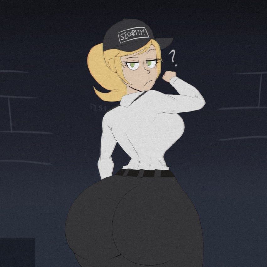 1girls ass big_ass blonde_hair bubble_butt clothed clothed_female exaggerated_anatomy female female_only five_nights_at_freddy's five_nights_at_freddy's:_security_breach hat hyper_thighs looking_at_viewer looking_back ls massive_thighs pawg ponytail security_guard solo solo_female thunder_thighs unrealistic_body_standards unrealistic_proportions vanessa_(fnaf) vanny_(fnaf) vhs vhs_filter