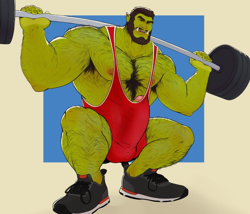 balls bara beard big_balls big_penis black_hair body_hair boner chest_hair erection erection_under_clothes facial_hair green_body green_skin male male_only muscles muscular orc penis razzper shoes singlet solo solo_male spread_legs weightlifting