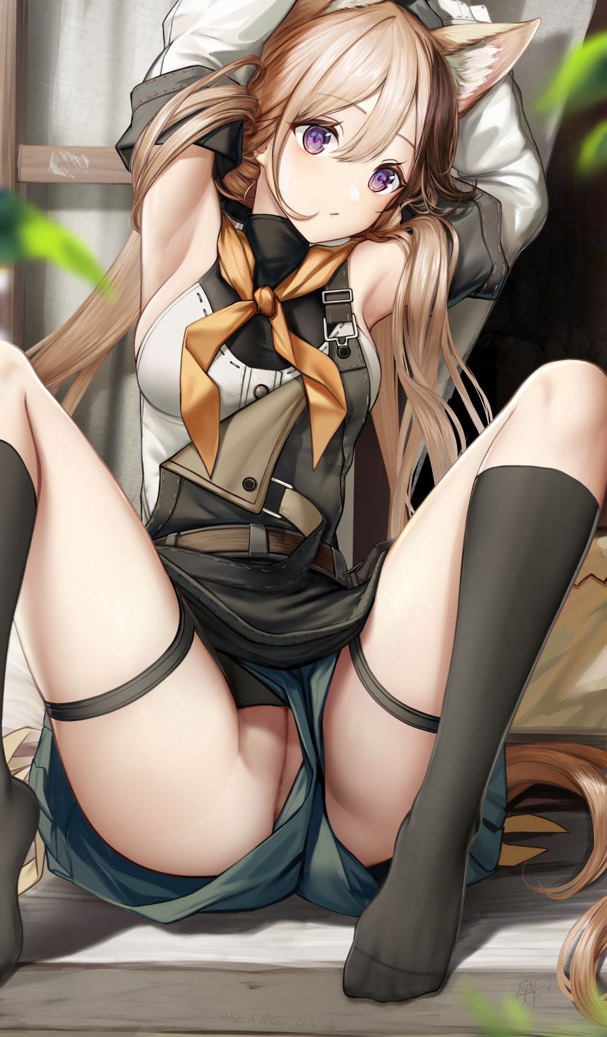 absurdres animal_ear_fluff animal_ears argyle argyle_legwear arknights armpits arms_up black_socks brown_hair cardigan_(arknights) cardigan_(sunny_day)_(arknights) detached_sleeves extra_ears feet female foot_out_of_frame grey_shorts hair_between_eyes highres kneehighs knees_up legs long_hair long_sleeves looking_at_viewer multicolored_hair no_panties no_shoes nopetroto parted_lips purple_eyes pussy shirt short_shorts shorts sleeveless sleeveless_shirt socks solo spread_legs streaked_hair tail thigh_strap toes uncensored upshorts variant_set very_long_hair white_shirt white_sleeves