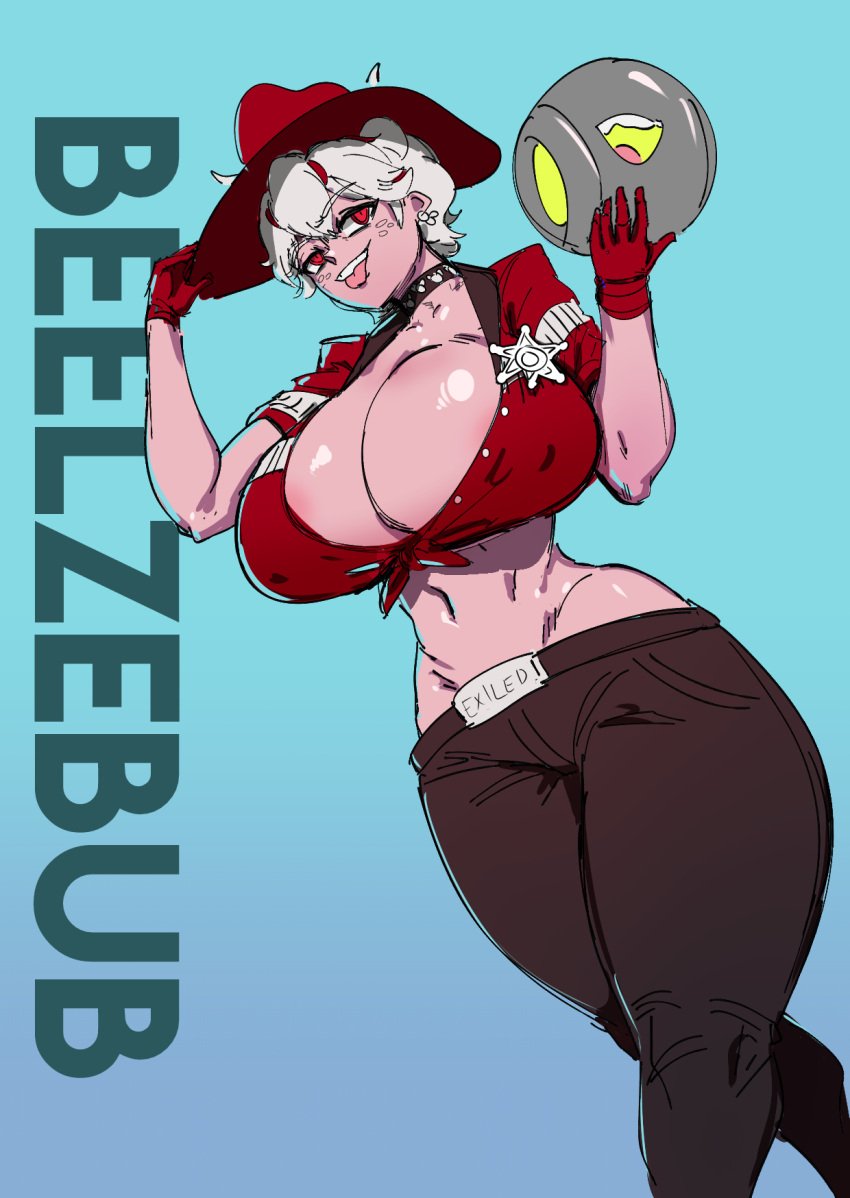 bathsalts1 beelzebub_(helltaker) big_breasts black_legwear breasts_bigger_than_head cleavage cleavage_overflow collar cow_girl cowboy_hat freckles helltaker holding_object horns huge_breasts krekkball looking_at_viewer looking_down massive_breasts midriff red_eyes red_gloves sheriff_badge thick_thighs thighs tied_shirt tongue_out white_hair