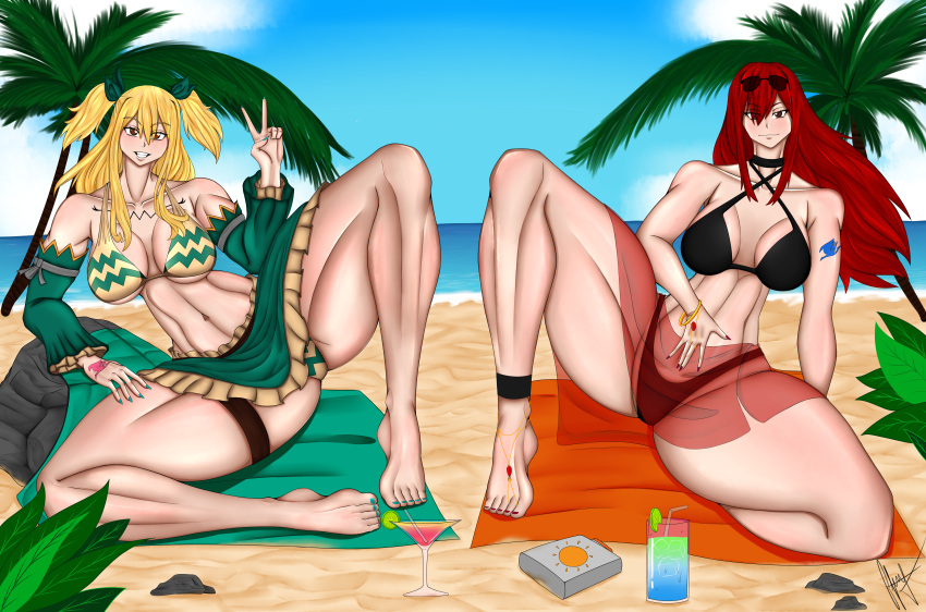 2girls alternative_costume bare_shoulders barefoot beach beach_background beach_towel big_breasts bikini blonde_hair cocktail drink erza_scarlet fairy_tail looking_at_viewer lucy_heartfilia nail_polish ocean palm_tree red_hair self_upload smile smiling_at_viewer sunglasses sunglasses_on_head thick_thighs xxspiegel