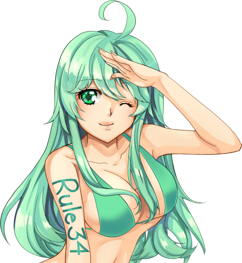 1girls ahoge bikini bikini_top breasts cropped cropped_image curtains_match_windows green_eyes green_hair light-skinned_female long_hair lucidsky navel rule_34-tan rule_34_(booru) salute site-tan wink winking_at_viewer writing_on_arm writing_on_body