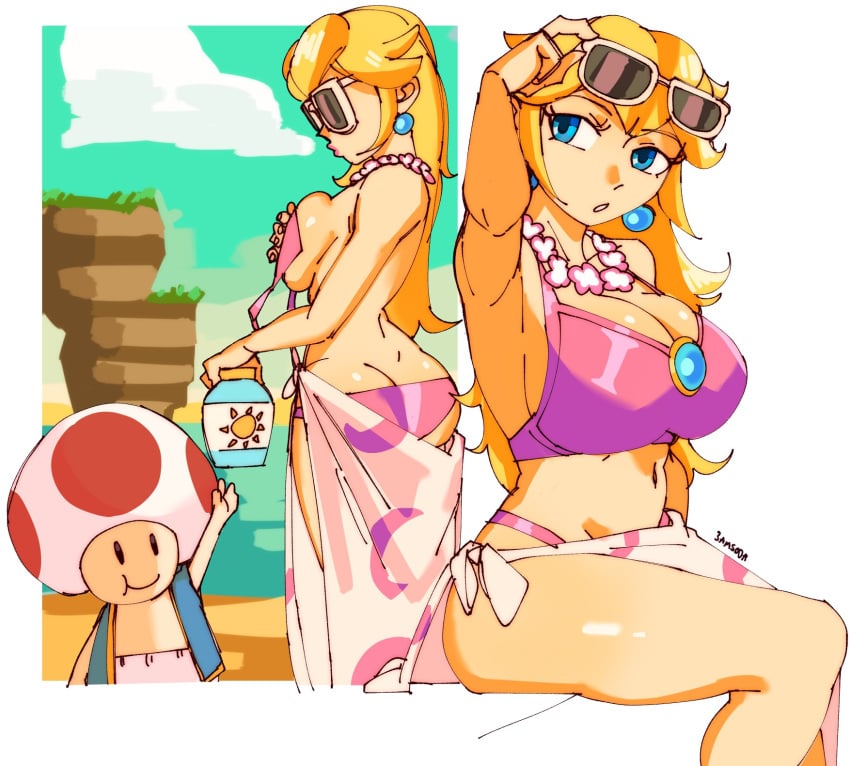 1boy 1girls 3amsoda alternate_costume ass bikini blonde_hair blue_eyes breasts cleavage earrings female female_focus long_hair male mario_(series) navel nintendo outside princess_peach princess_peach_(swimwear) shiny_skin solo_focus sunglasses sunglasses_on_head super_mario_odyssey swimsuit tagme thighs toad_(mario)