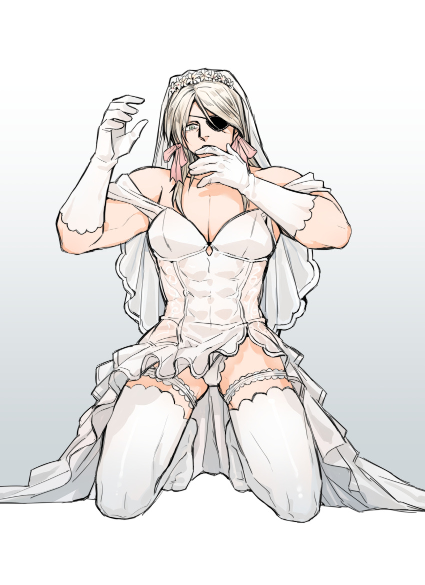 babulon blonde_hair bridal_veil bride crossdressing eye_patch flower_crown garter gloves hair_ribbon kengan_(series) kengan_ashura kneeling long_hair long_hair_male male male_only muscular muscular_male no_eyebrows panties platinum_blonde_hair solo thighhighs veil wedding_dress white_gloves white_legwear white_panties white_thighhighs yoshioka