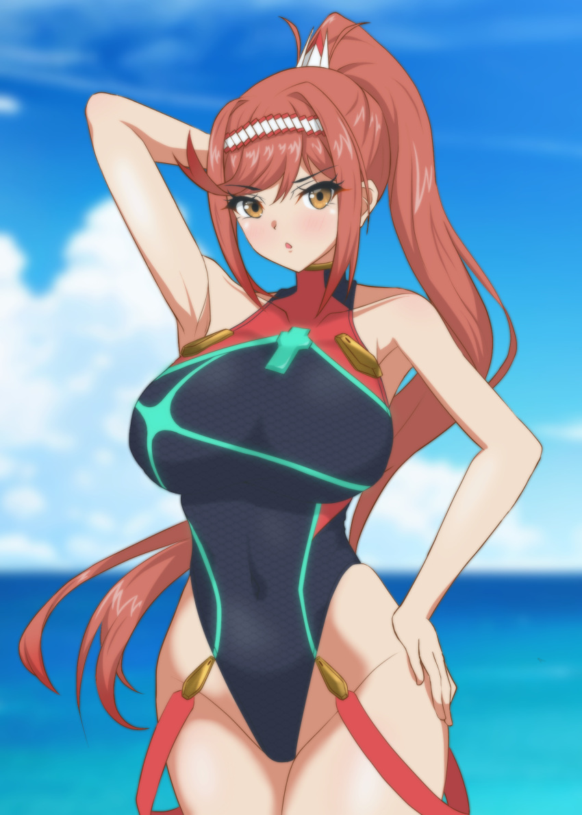 1girls alternate_costume big_breasts bikini competition_swimsuit cosplay glimmer_(xenoblade) groin hand_on_own_hip hands_on_own_hips hata_(pixiv10403940) high_res highleg long_hair nintendo one-piece_bikini one-piece_swimsuit ponytail pyra_(xenoblade)_(cosplay) red_eyes sleeveless sleeveless_turtleneck swimsuit turtleneck very_long_hair xenoblade_(series) xenoblade_chronicles_3 yellow_eyes