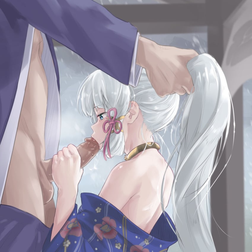 1boy 1girls balls bare_back bare_shoulders blowjob blue_eyes chernyyvo color fellatio genshin_impact grabbing_another's_hair grabbing_hair grabbing_penis hair_ornament hi_res japanese_clothes kamisato_ayaka kimono licking_penis light-skinned_female long_hair mole mole_under_eye neckwear penis ponytail pulling_hair sex size_difference snow snowing submissive_female sucking_penis traditional_clothes uncensored white_hair