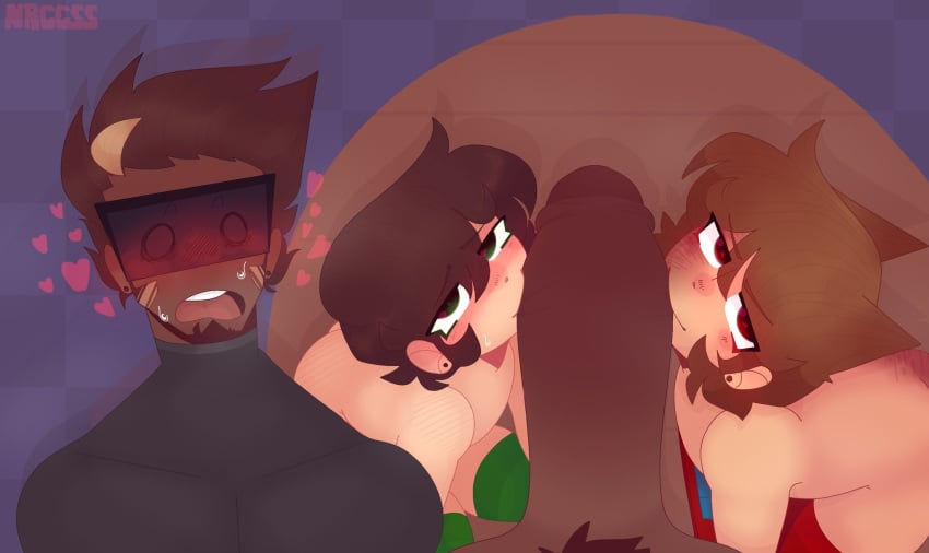 3boys big_penis blowjob blush brown_hair dark-skinned_male dark_skin edd_(eddsworld) eddsworld fat_penis femboy gay gay_sex green_eyes green_socks happy_male hearts light-skinned_male light_skin looking_at_viewer male nrccsspuk orange_hair penis pubic_hair red_eyes red_socks tagme tom_(eddsworld) tord tord_(eddsworld) yaoi