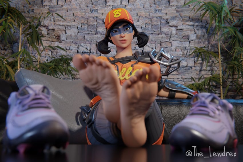 1girls 3d baseball_cap baseball_uniform black_hair blender clothed clothing couch detailed_background epic_games face_paint fastball feet female female_focus female_only foot foot_fetish fortnite fortnite:_battle_royale hairband headwear highres lewdrex light-skinned_female light_skin looking_at_viewer ponytail presenting presenting_feet sitting soles solo solo_focus toes watermark