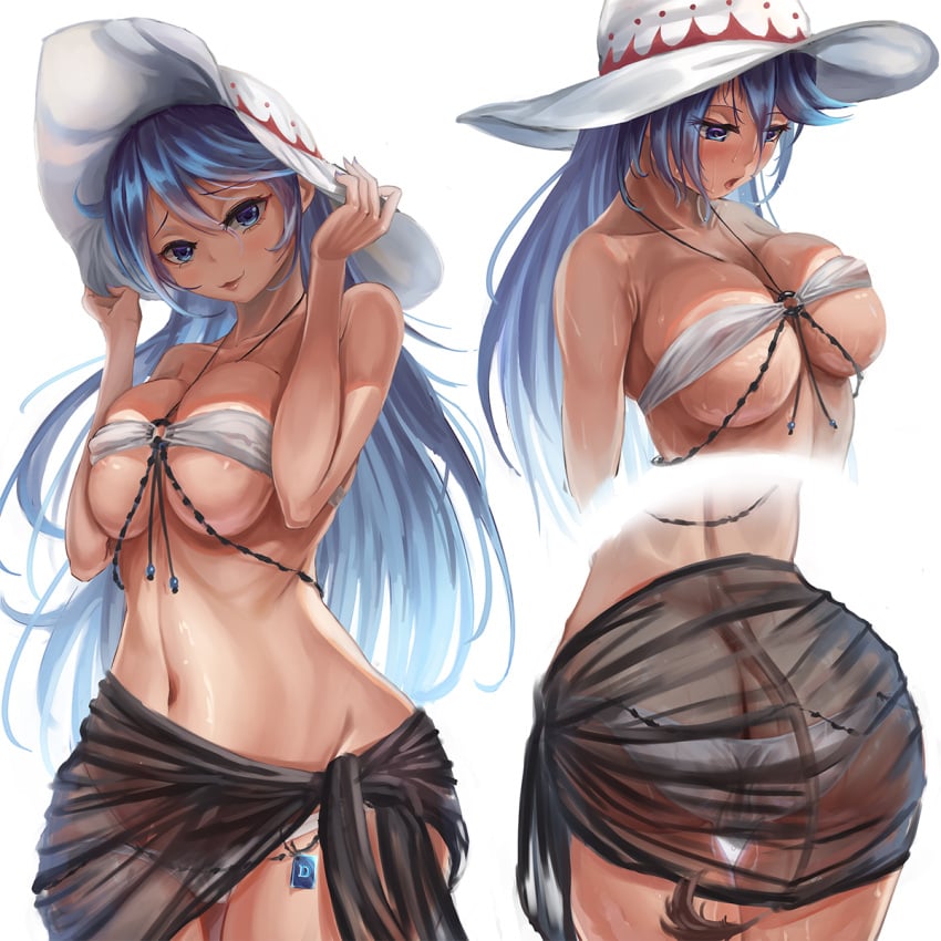 alternate_hair_length alternate_hairstyle areola_slip ass bikini black_bikini blue_hair breasts butt_crack cleavage covered_erect_nipples doremy_sweet female groin haruno_(kuromitugozen) highres large_breasts long_hair multiple_views navel open_mouth parted_lips sarong signature simple_background smile swimsuit tail tapir_tail touhou wet white_background white_bikini white_headwear