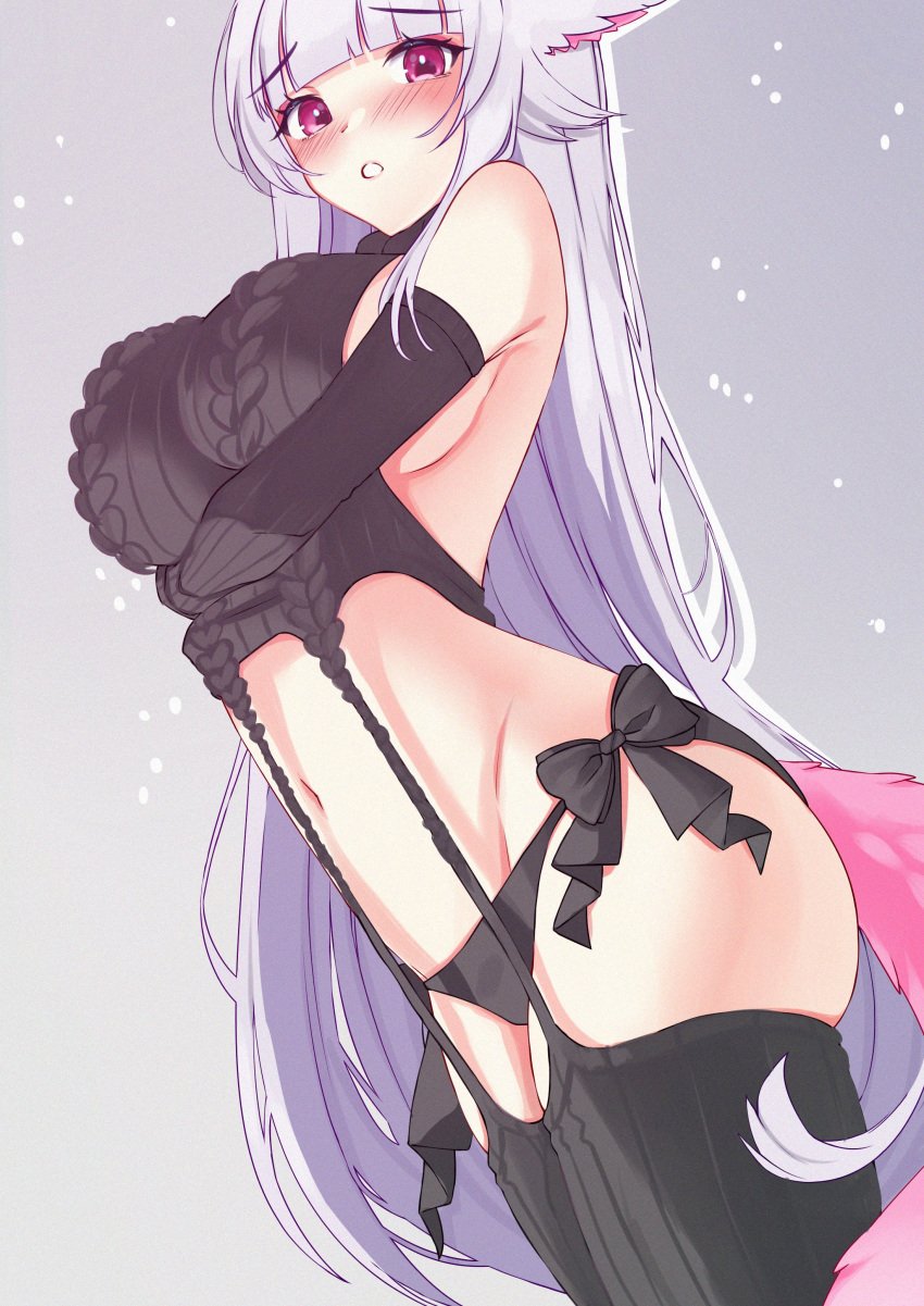 1girls alter_ego animal_ears belly_button black_panties blush breasts dark_persona detached_sleeves embarrassed eyebrows_visible_through_hair female female_only fox_ears fox_girl fox_tail grey_hair indie_virtual_youtuber light-skinned_female light_skin no_bra nose_blush panties pink_eyes pink_tail shalter_(shee_kiyomi) shee_kiyomi sheekiart sideboob solo sweater tail virgin_destroyer_sweater virtual_youtuber