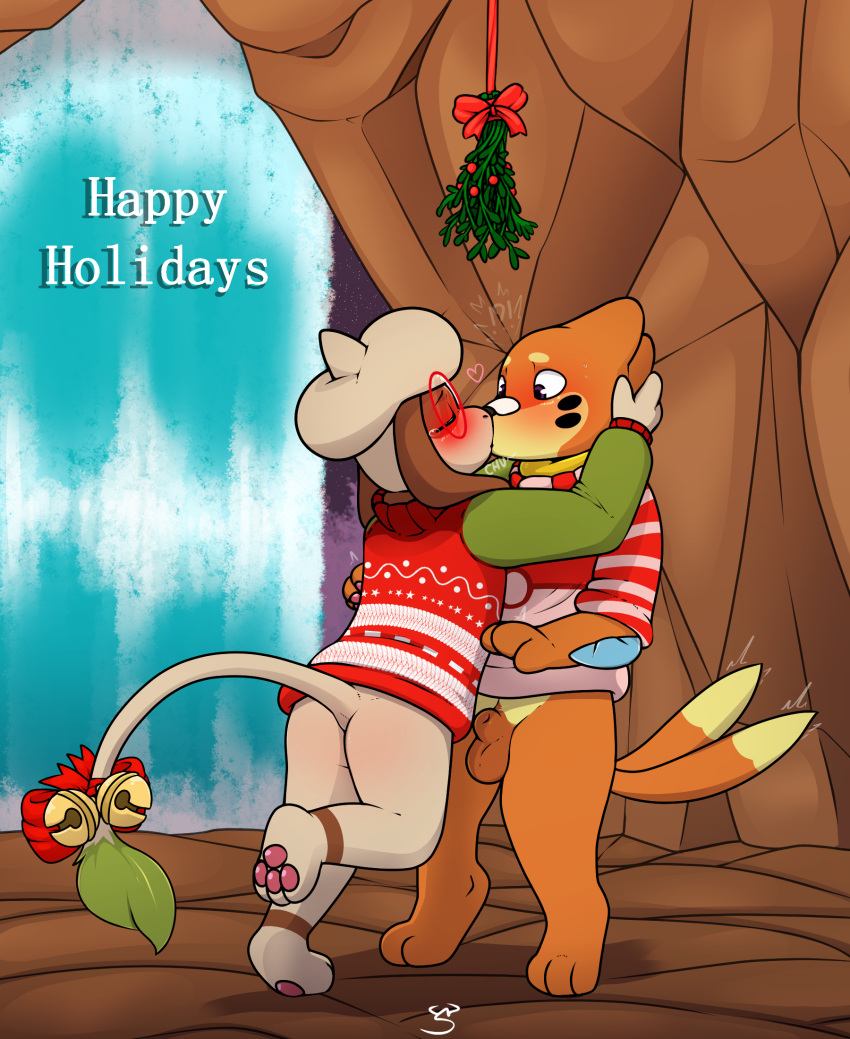 anthro buizel duo eyewear female generation_2_pokemon generation_4_pokemon glasses hi_res kai_(mr.smile) kiss_on_lips kissing male male/female mimi_(mr.smile) mistletoe mr._smile mr.smile nintendo plant pokemon pokemon_(species) smeargle