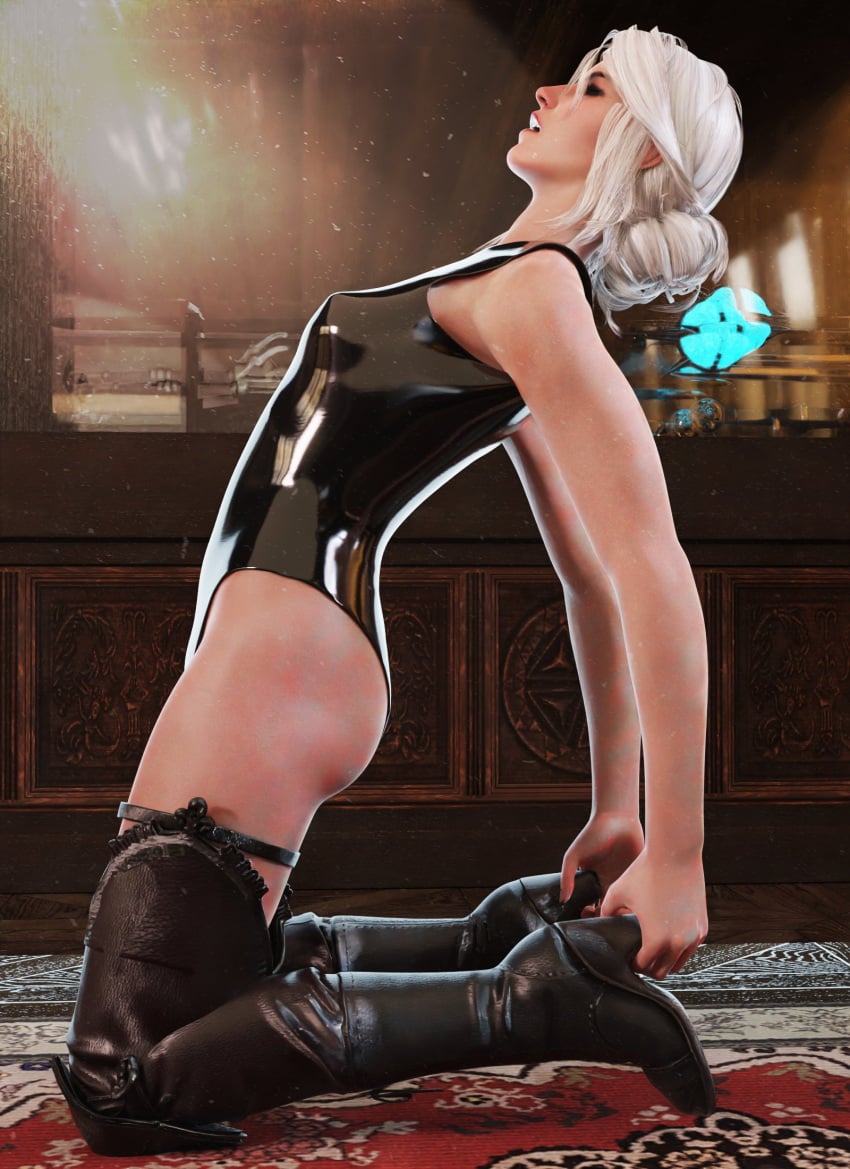 3d ass ciri clothing female grabbing_high_heels heel_grab latex latex_leotard latex_suit profile robdecado solo the_witcher_(series) the_witcher_3:_wild_hunt white_hair