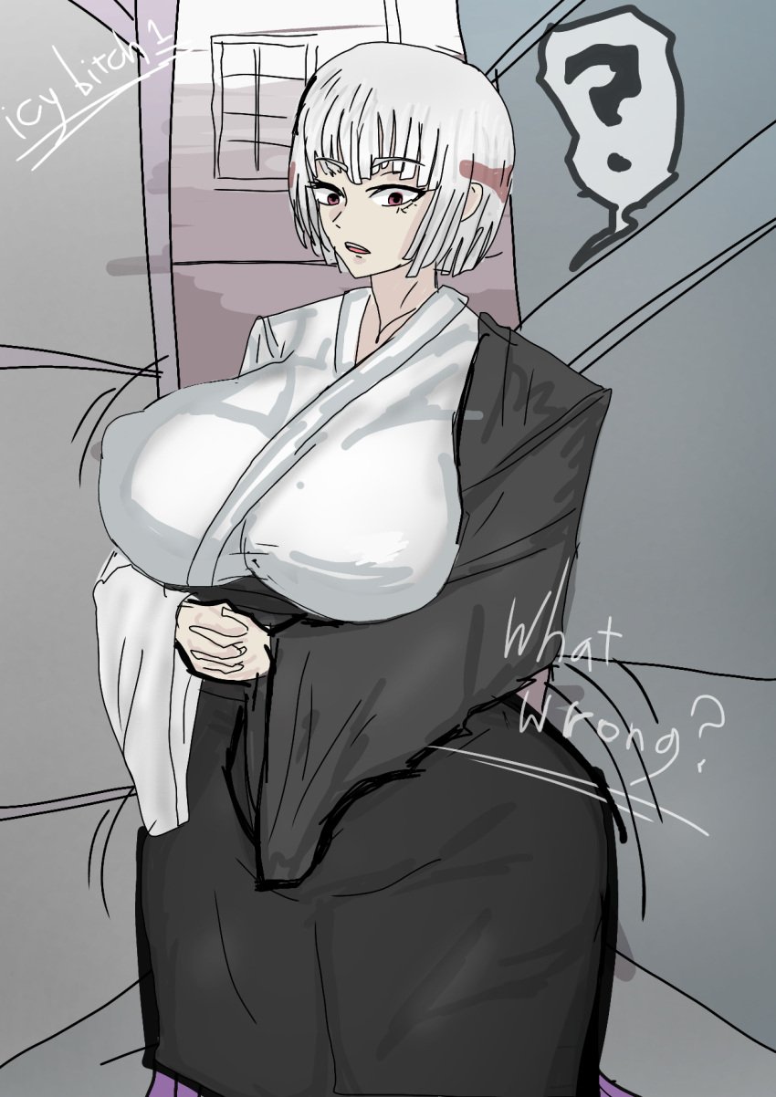 ? curvy english_text fully_clothed jujutsu_kaisen kimono nipple_bulge togata_art uraume white_hair