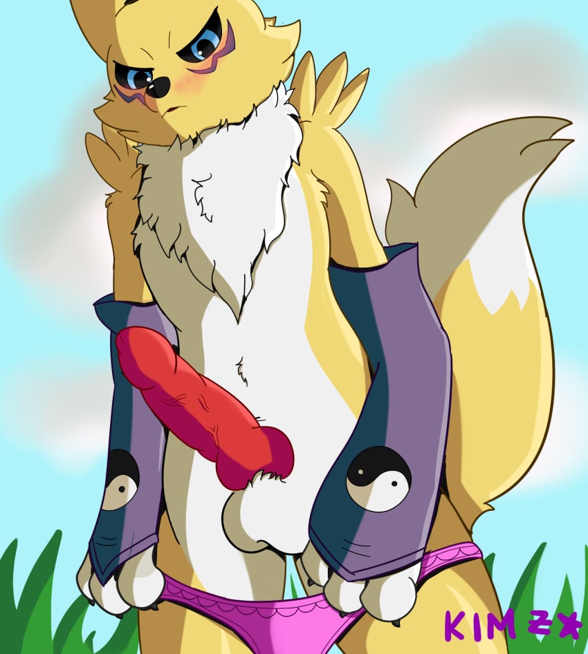 animal_genitalia anthro balls bandai_namco blue_eyes blush canid canine clothed clothing digimon digimon_(species) digital_media_(artwork) erection fox fur genitals hair hi_res hzfow looking_at_viewer male male_only mammal nude panties panties_down partially_clothed penis presenting presenting_penis renamon simple_background solo tail underwear underwear_down undressing white_body white_fur yellow_body yellow_fur