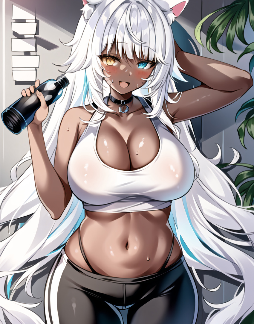 1girls ai_generated blush bottle cat_ears cat_tail catgirl dark-skinned_female dark_skin facial_markings final_fantasy final_fantasy_xiv large_breasts long_hair miqo'te miyuki_mochizuki nai_diffusion necklace smile stable_diffusion sweat sweatdrop sweaty_breasts voluptuous water_bottle white_hair yoga_pants