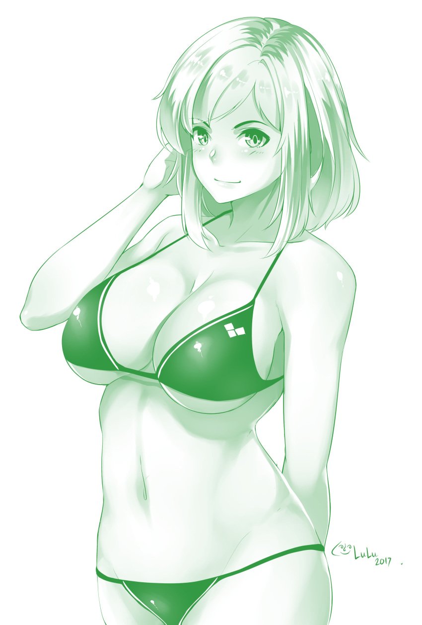 1girls 2017 artist_signature bikini blush green_theme looking_at_viewer lulu-chan92 medium_breasts midriff monochrome navel original original_character short_hair thong white_background