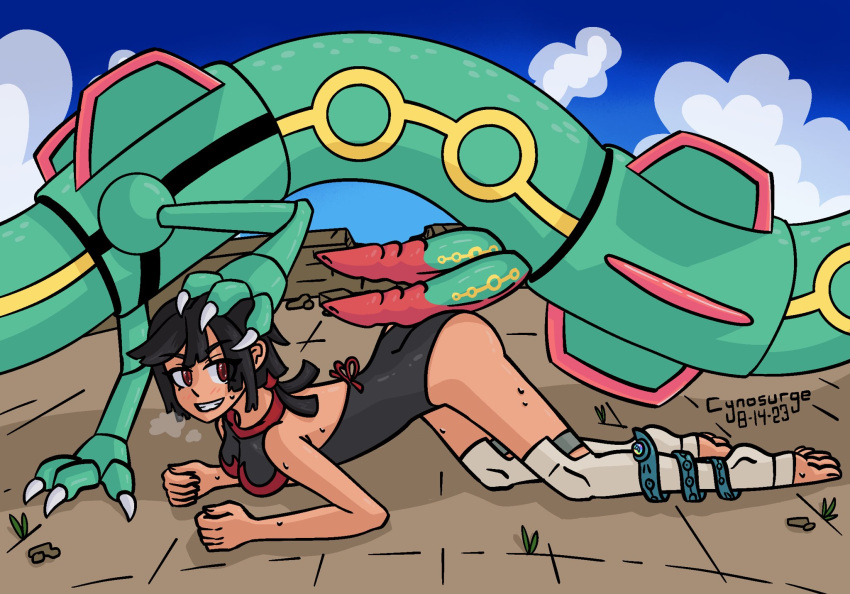 1boy 1girls black_hair cynosurge diphallia diphallism female hemipenes male multi_penis no_penetration penis pokemon pokemon_(species) pokephilia rayquaza red_eyes tan_body tan_skin unusual_penis zinnia_(pokemon)