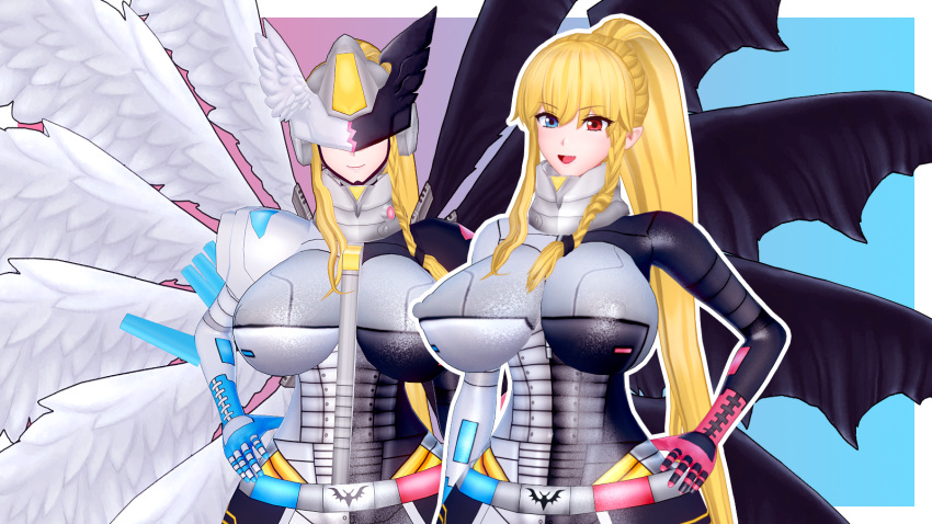 12_wings 1girls 3d angel angel_wings apuri blonde_hair blue_eyes braid demon demon_wings digimon digimon_(species) digimon_story digimon_story:_cyber_sleuth female female_only half_angel half_demon helmet heterochromia long_hair mastemon ponytail red_eyes solo very_long_hair wings