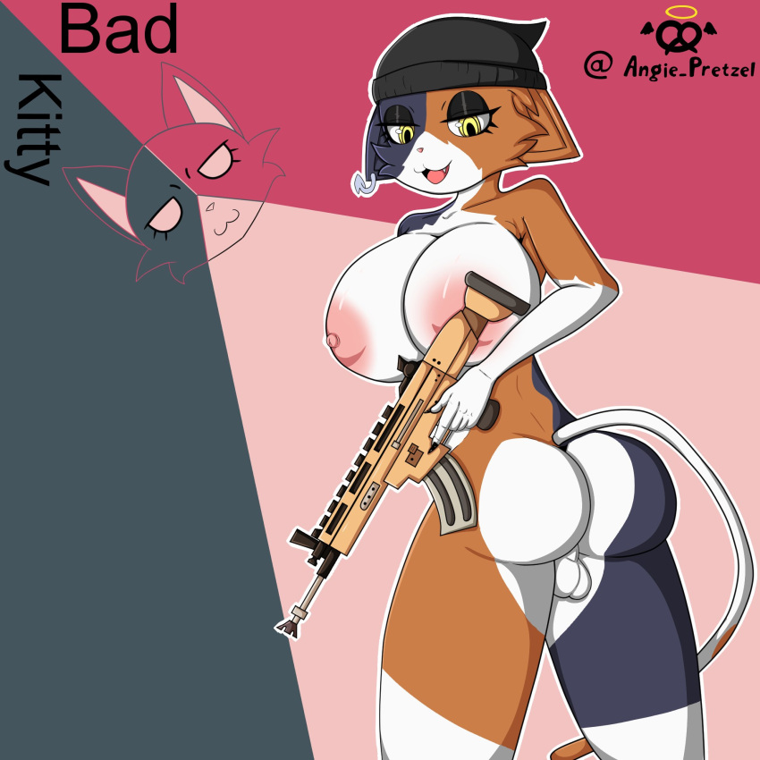 angie_pretzel anthro ass assault_rifle balls beanie big_breasts breasts calico_cat calico_pattern clothing domestic_cat epic_games felid feline felis fortnite furry furry_only futa futa_only genitals gun gynomorph hat headgear headwear hi_res intersex mammal meow_skulls_(fortnite) nipples ranged_weapon rifle smile solo standing tagme weapon yellow_eyes