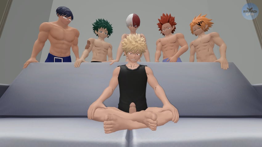 clothing couch denki_kaminari eijirou_kirishima gay izuku_midoriya katsuki_bakugou legs_crossed meme_reference multiple_boys my_hero_academia no_sex rayaoisfm scars semi_nude sfm shouto_todoroki sitting_on_couch smiling smiling_at_viewer sofa staring_at_another tenya_iida yaoi