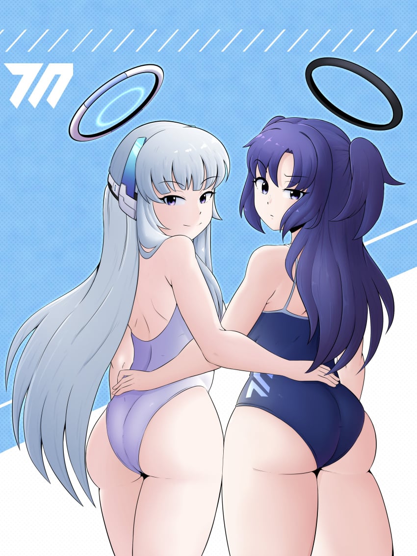 2girls ass ass_focus back back_view backboob blue_archive blue_eyes blue_hair competition_swimsuit dat_ass duo female female_only halo hand_on_another&#039;s_hip hi_res highres konanexe light-skinned_female light_skin long_hair looking_at_viewer looking_back millennium_science_school_logo_(blue_archive) millennium_science_school_student noa_(blue_archive) school_swimsuit seminar_(blue_archive) swimsuit thick_thighs thighs white_hair wide_hips yuuka_(blue_archive)