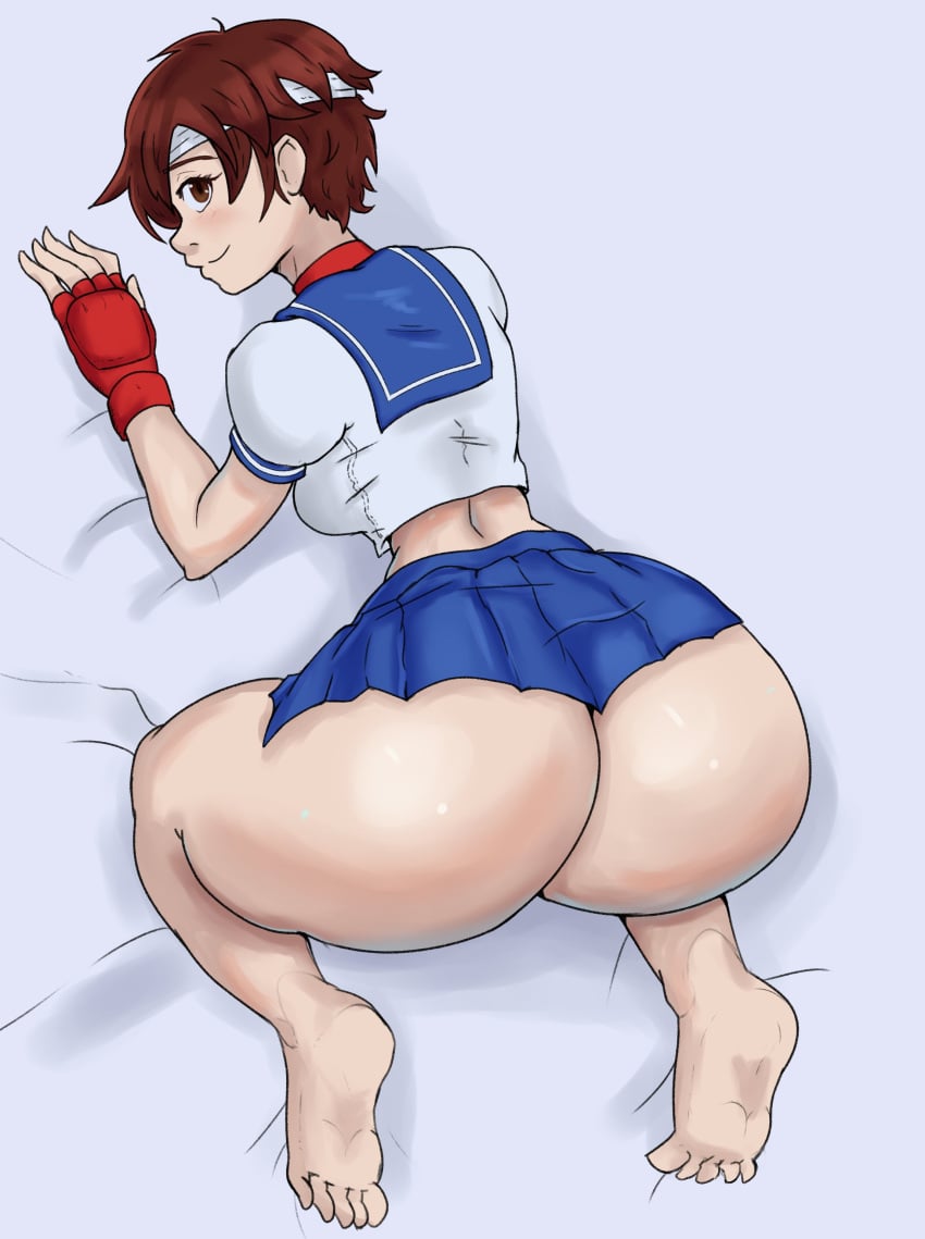 1girls ass bed big_ass booty bottomless bottomless_skirt brown_eyes brown_hair capcom gloves kyuudivine laying_down laying_on_bed looking_at_viewer sakura_kasugano school_uniform schoolgirl short_hair street_fighter thick thick_ass thick_thighs