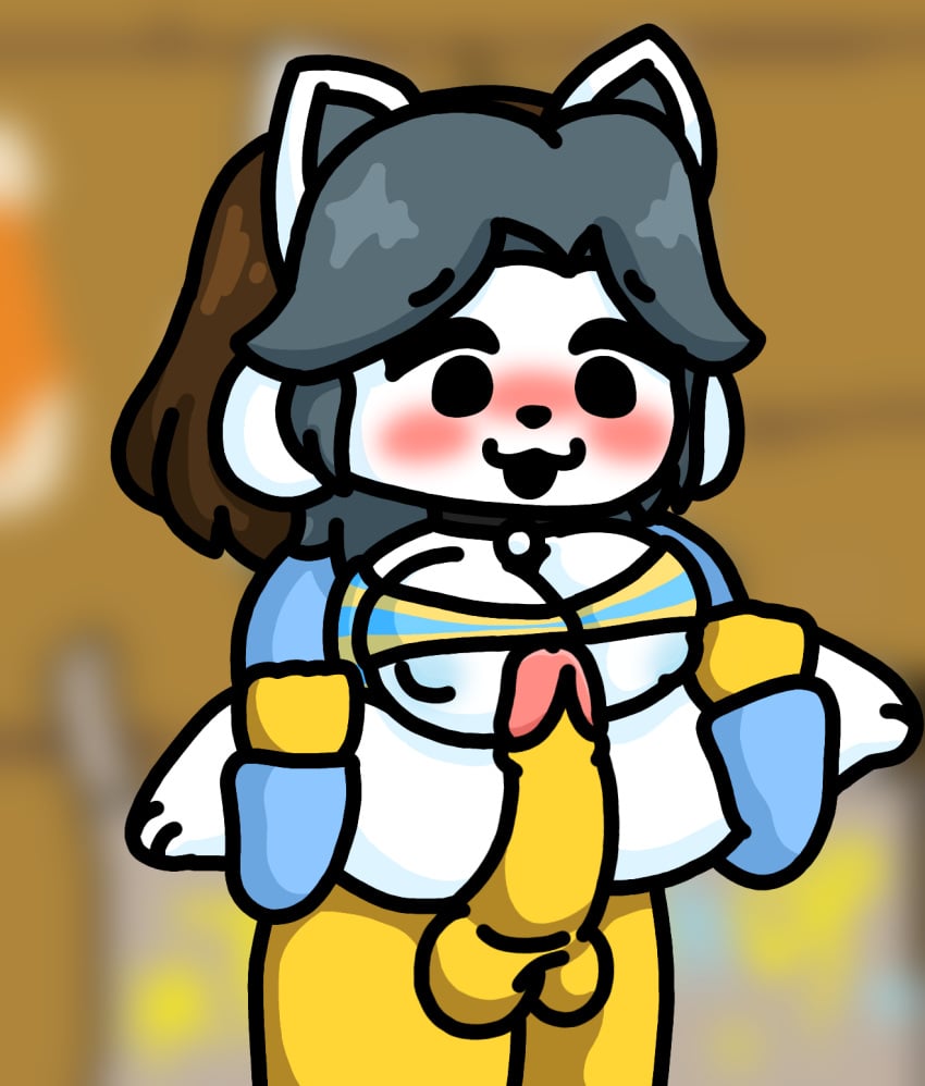 1girls ambiguous_gender anthro big_breasts brown_hair cat_ears clothed clothing collar dog_ears frisk gray_hair holding legokoopa_(artist) lifting lifting_leg paws self_upload temmie temmie_(undertale) thick_thighs undertale undertale_(series) white_fur yellow_skin