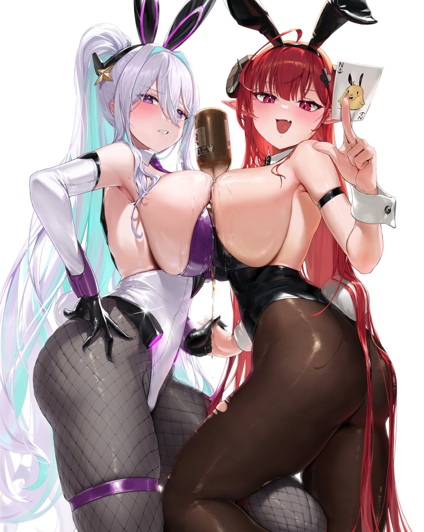 2girls azur_lane breast_to_breast breasts bunny_ears bunny_girl bunnysuit chochomi dialogue eagle_union_(azur_lane) english_text female female_only hi_res hindenburg_(azur_lane) hindenburg_(delirious_duel)_(azur_lane) horns huge_breasts iron_blood_(azur_lane) kearsarge_(all-night_charge)_(azur_lane) kearsarge_(azur_lane) light-skinned_female light_skin long_hair purple_eyes red_eyes red_hair white_hair