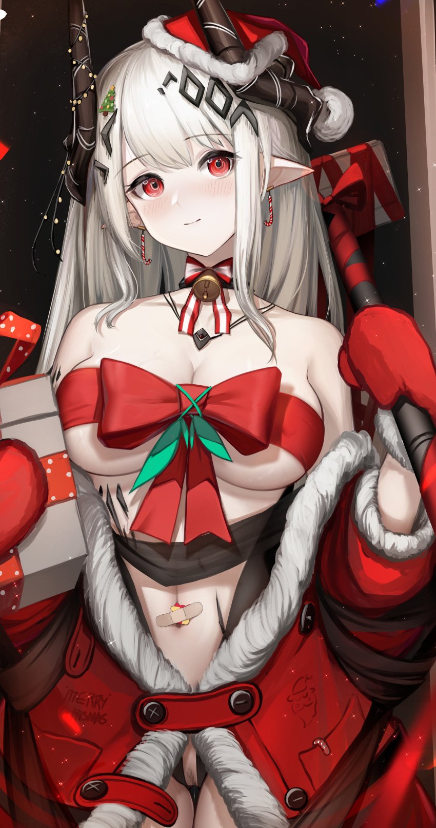 absurdres arknights bandaid_on_navel bare_shoulders blush bow breasts candy candy_cane censored choker christmas cleavage closed_mouth collarbone cowboy_shot earrings female food fur-trimmed_jacket fur_trim gift gloves hair_ornament hammer hat highres horns jacket jewelry large_breasts long_hair looking_at_viewer mosaic_censoring mudrock_(arknights) nopetroto off_shoulder open_clothes open_jacket oripathy_lesion_(arknights) pale_skin pointy_ears pussy_cutout pussy_juice red_bow red_eyes red_gloves red_jacket red_ribbon ribbon ribbon_bra ribbon_choker santa_hat sidelocks smile solo variant_set white_hair