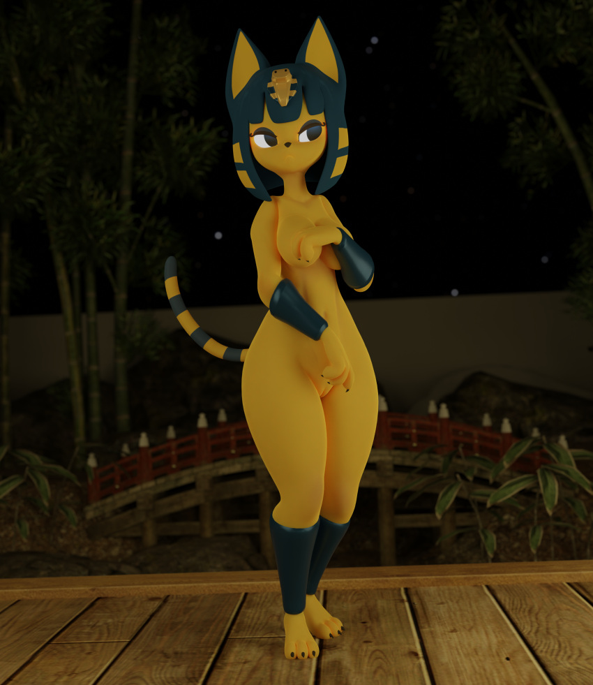 3d 3d_(artwork) 3d_model absurd_res animal_crossing ankha ankha_(animal_crossing) ankha_(hazeker) anthro black_eyes blue_hair bob_cut breasts covering covering_breasts covering_self digital_media_(artwork) domestic_cat doubutsu_no_mori eyelashes felid feline felis female fur genitals hair hazeker hi_res looking_away lorded mammal nairu_(doubutsu_no_mori) navel night nintendo nude pussy small_breasts solo standing uraeus wide_hips yellow_body yellow_fur