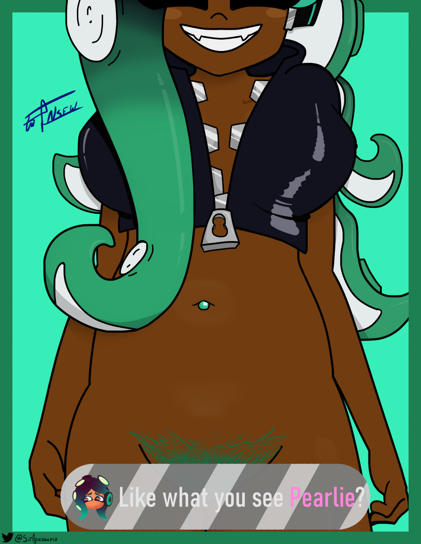 1female 1girls alternate_version_at_source alternate_version_available clothed clothed_female dark-skinned_female dark_hair dark_skin english_dialogue english_text female female_focus female_only headphones long_hair marina_(splatoon) nintendo nipple_piercing nipples octoling octoling_girl pierced_belly_button pierced_nipples piercing piercings pov pubes pubic_hair pussy self_upload sir_apasaurio smile smiling smiling_at_viewer splatoon splatoon_(series) splatoon_2 text text_box turquoise_background turquoise_hair turquoise_pubic_hair twitter twitter_logo twitter_username