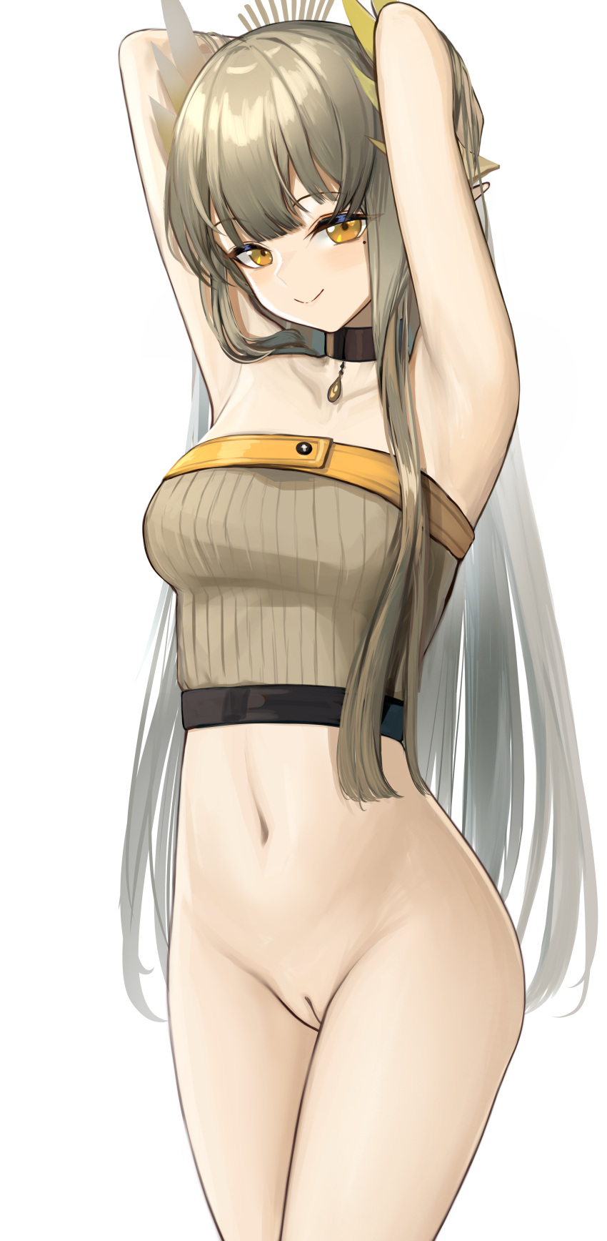 absurdres arknights armpits arms_up bare_shoulders black_choker bottomless breasts choker cowboy_shot elf female grey_hair highres long_hair looking_at_viewer mole mole_under_eye muelsyse_(arknights) navel nopetroto pointy_ears pussy small_breasts smile solo standing stomach strapless tube_top uncensored very_long_hair yellow_eyes