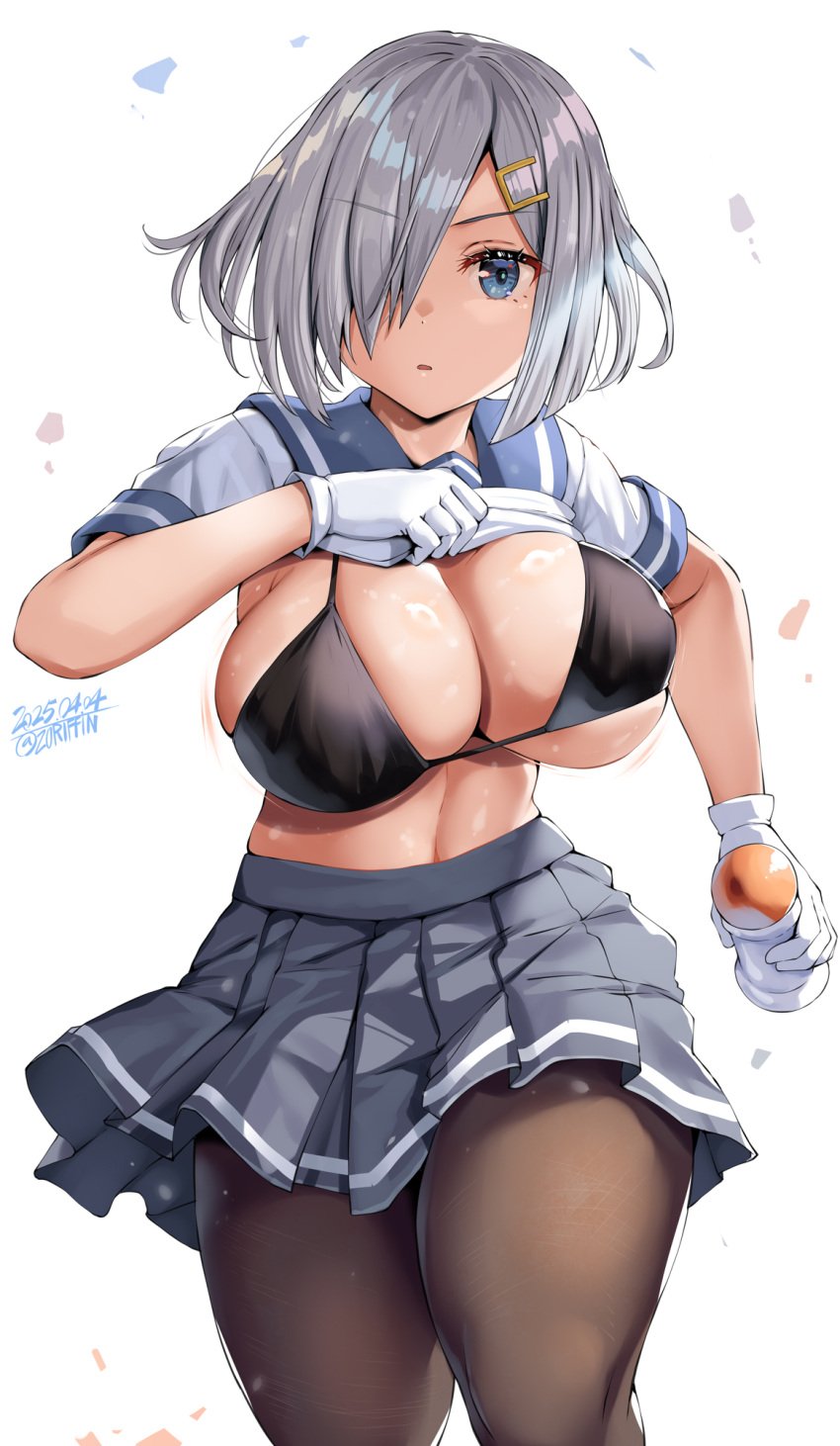 1girls belko big_breasts bikini bikini_top black_bikini black_bikini_top blue_eyes breasts breasts_out cleavage dated eyebrows eyebrows_visible_through_hair female female_only gloves hair hair_over_one_eye hairclip hamakaze_(kantai_collection) hi_res kantai_collection large_breasts light-skinned_female light_skin sailor_uniform shirt shirt_lift short_hair silver_hair simple_background skirt solo thick_thighs thighhighs thighs twitter_username white_background white_gloves white_hair