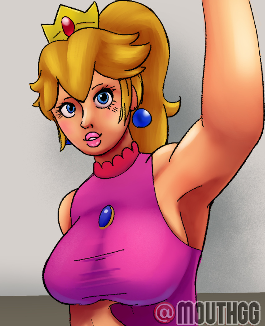 1girl 1girls armpits arms_up blonde_hair blue_eyes censored crown dress earrings female female_only light-skinned_female light_skin looking_at_viewer mario_(series) mario_tennis mouthgg nintendo pink_dress pink_lipstick ponytail princess princess_peach selfie short_hair simple_background sleeveless sleeveless_dress solo staring_at_viewer tied_hair tight_clothing