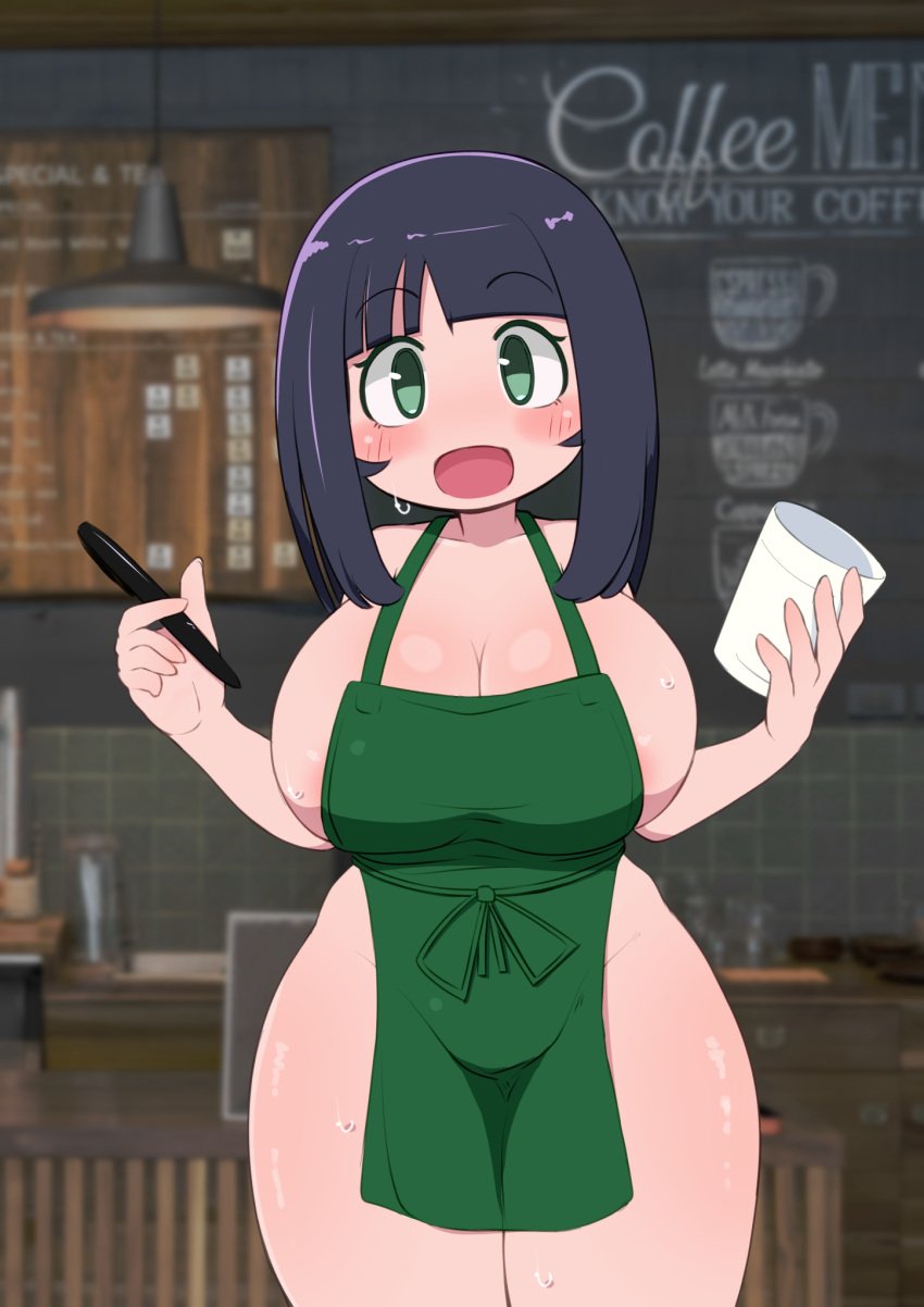 1girls apron black_hair breasts chibi female female_only green_eyes happy holding holding_cup holding_object holding_pen huge_breasts iced_latte_with_breast_milk makino_nono meme naked_apron original original_character partially_clothed public solo solo_female starbucks thick_thighs thighs