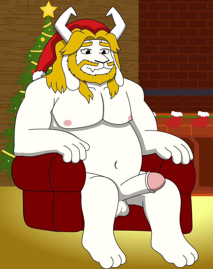 2023 3_toes absurd_res anthro asgore_dreemurr barefoot beard blonde_hair boss_monster bovid bovine caprine cel_shading christmas christmas_clothing christmas_headwear christmas_tree clothing erection facial_hair feet furniture genitals goat hair hat headgear headwear hi_res holidays horn male male_only mammal nipples nude on_sofa penis plant reggie_rakun santa_hat shaded sitting sitting_on_sofa sofa solo star toes tree undertale undertale_(series) weird_implications