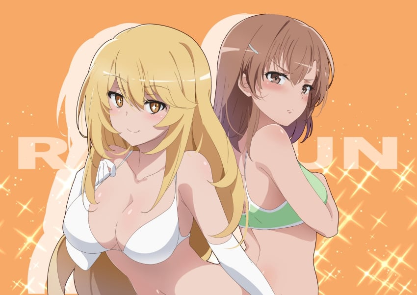 +_+ 2020 2020s 2girls back-to-back bangs bare_shoulders bikini blonde_hair blush bra breasts brown_eyes brown_hair collarbone elbow_gloves frown gloves green_bikini green_bra hair_between_eyes hair_ornament hairclip hand_on_own_chest hi_res large_breasts lizta long_hair looking_at_viewer looking_back matching_hair/eyes misaka_mikoto multiple_girls shokuhou_misaki short_hair simple_background small_breasts smile swimsuit teenage_girl teenager to_aru_kagaku_no_railgun to_aru_majutsu_no_index unusual_pupils upper_body white_bikini white_bra white_gloves yellow_eyes young