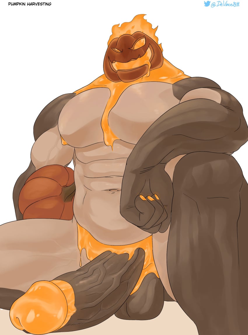 anthro balls bara big_balls big_penis boner devince erection halloween jack_o'_lantern male male_only muscles muscular penis pumpkin pumpkin_head solo solo_male spread_legs