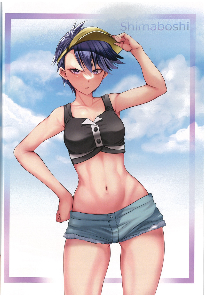 1girls blue_eyes blue_hair breasts cloud cyllene female female_only minishorts pokemon pokemon_legends:_arceus shimaboshi_(pokemon) short_hair small_breasts small_waist solo solo_female takecha thick_thighs wide_hips