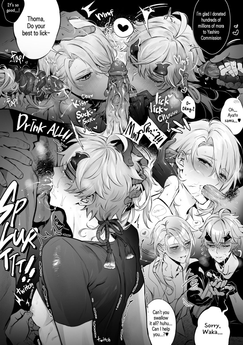 blowjob blush closed_eyes cock cum cum_in_mouth dialogue double_fellatio drunk dubious_consent fellatio gay genshin_impact godwkgodwk handjob kamisato_ayato licking licking_penis masturbation mob_hwan nipple_play nippleplay open_clothes open_eyes penis pubic_hair shirt shirt_up sucking sucking_penis thoma_(genshin_impact) veiny_penis yaoi